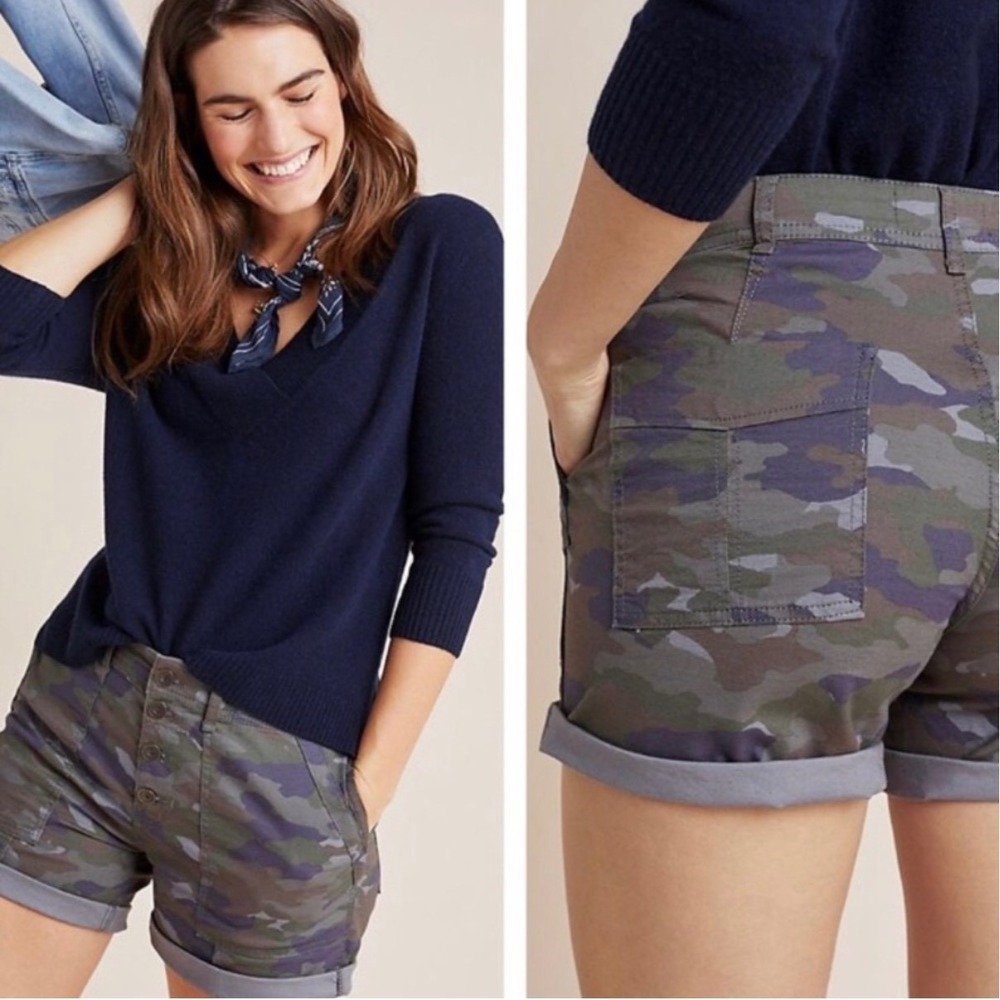 Anthropologie The Wanderer Camo Shorts Green Button Fly Utility Size 28